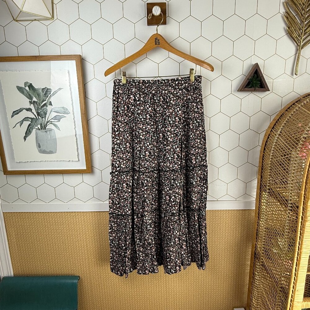 Shein Black Floral Tiered Spring Skirt - Size - Large